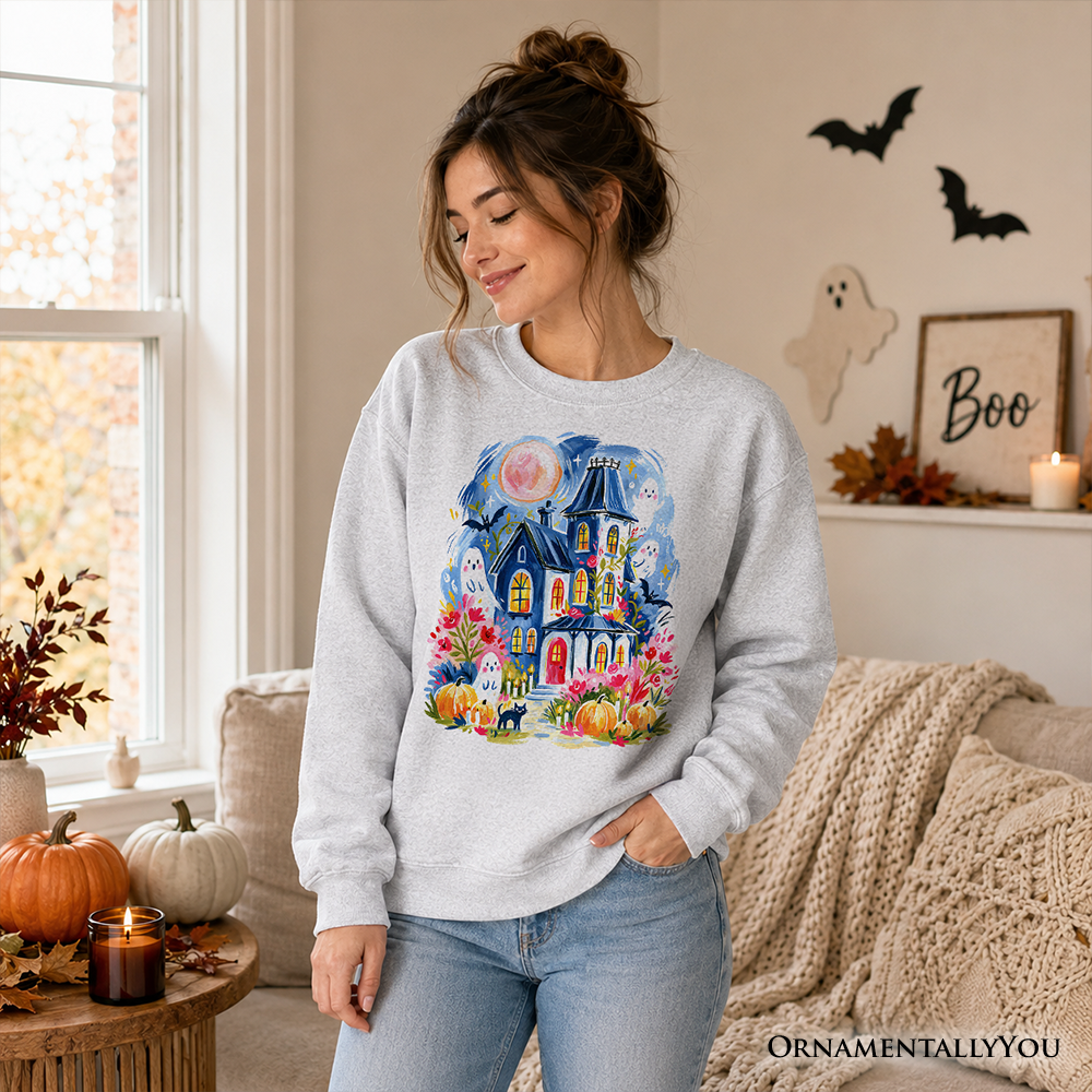 Watercolor Haunted House Sweatshirt, Colorful Ghost Pumpkin Halloween Sweater