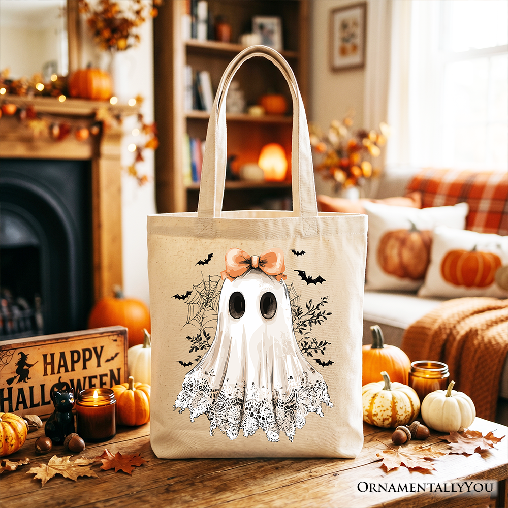 Coquette Ghost Tote Bag, Cute Girly Halloween Canvas Shopper
