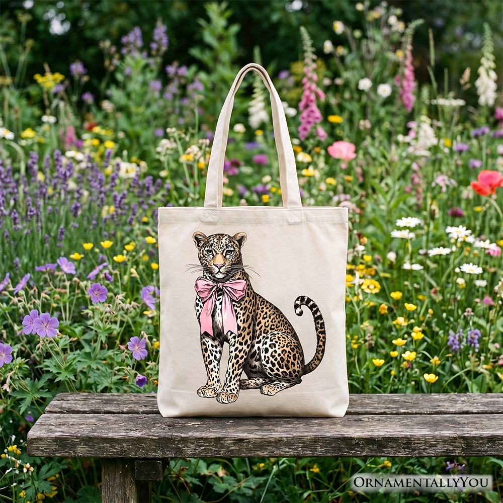 Leopard Print Coquette Bow Canvas Tote Bag for Women Preppy Shopper