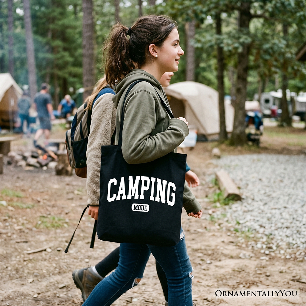 Camping Mode Varsity Tote Bag, Minimalist Canvas Outdoors Shopper