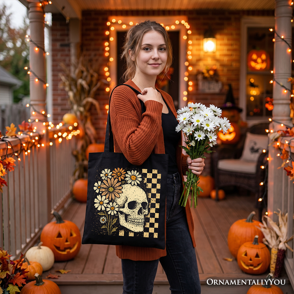 Checkered Floral Skeleton Tote Bag, Vintage Daisy Skull Shopper