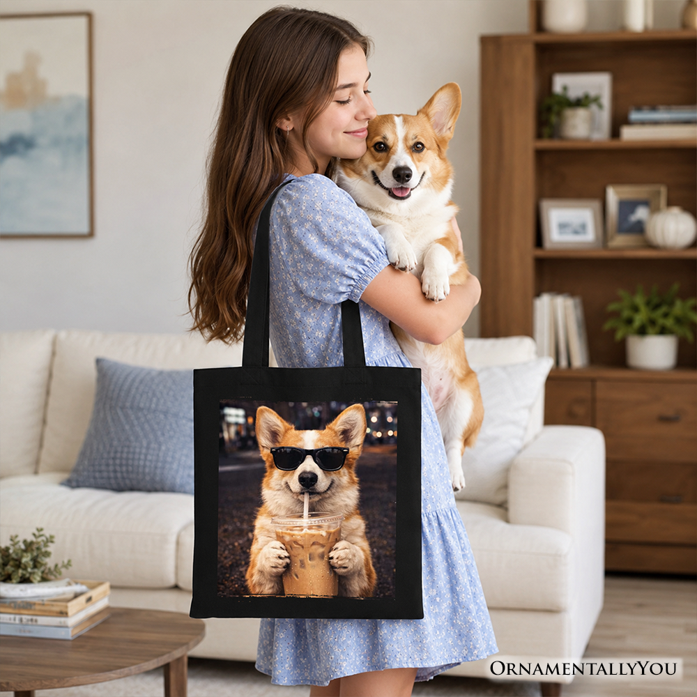 Corgi Iced Coffee Graphic Tote Bag, Funny Dog Lover Gift Shopper