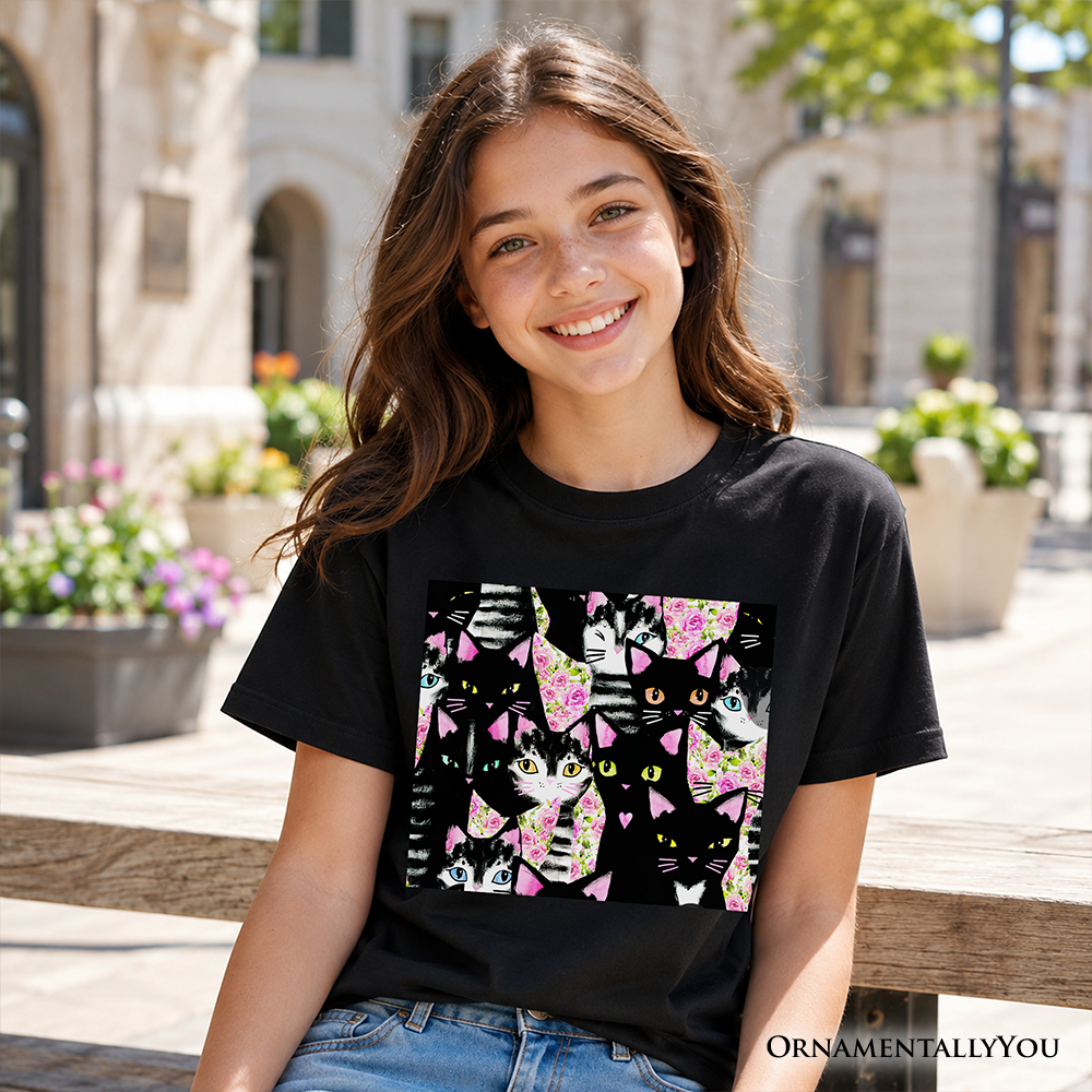 Floral Cat Pattern Kids T-Shirt, Cute Kitten Collage Tee