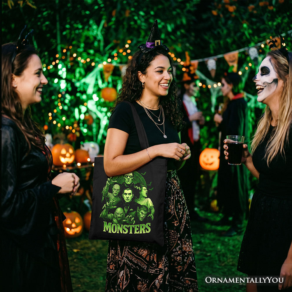 Green Retro Monsters Tote Bag - Vintage Horror Halloween Shopper