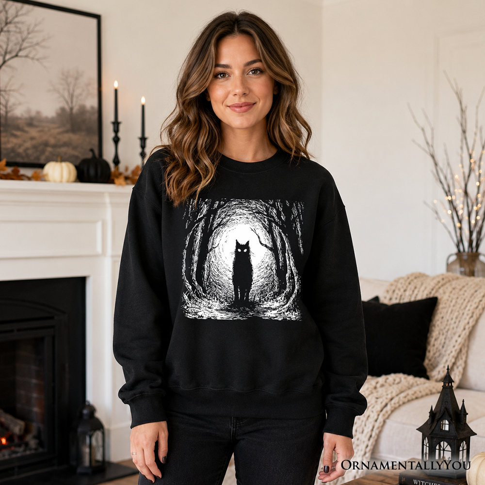 Haunted Forest Black Cat Sweatshirt, Spooky Halloween Night Sweater