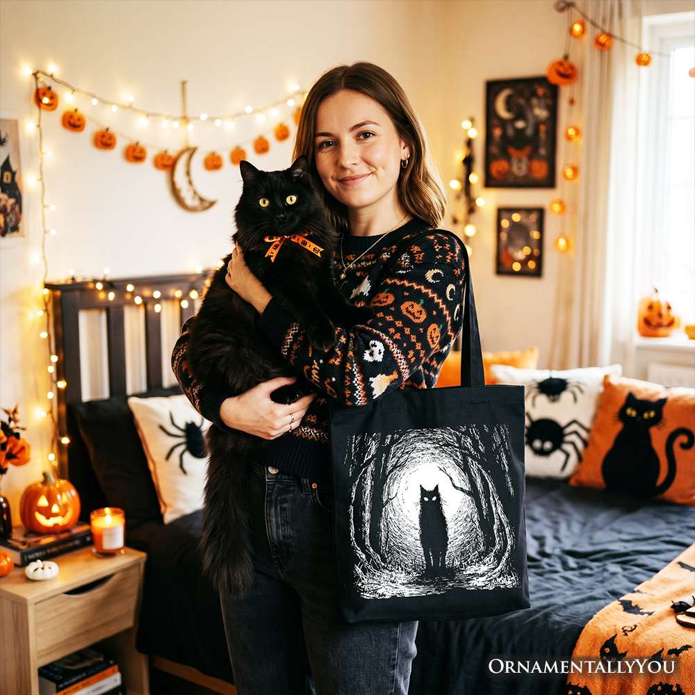 Haunted Forest Black Cat Tote Bag - Spooky Halloween Graphic Shopper
