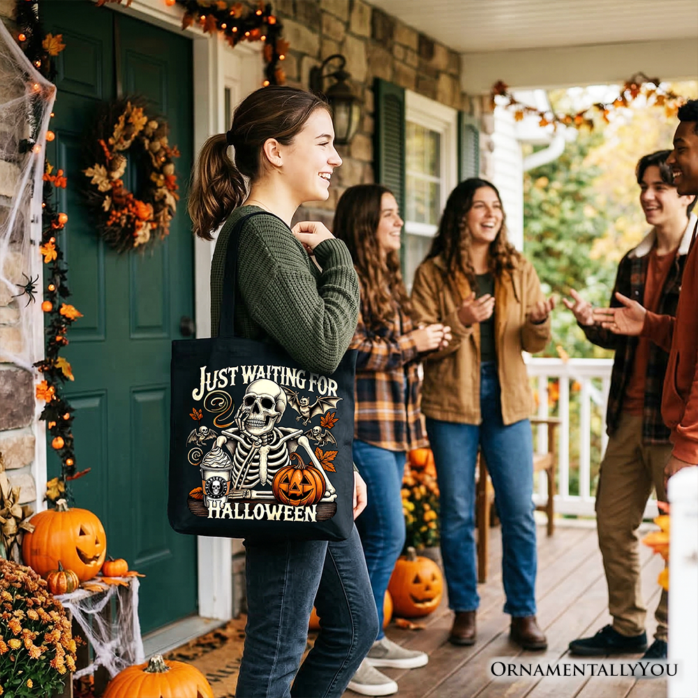 Just Waiting for Halloween Spooky Skeleton Graphic Canvas Tote Bag