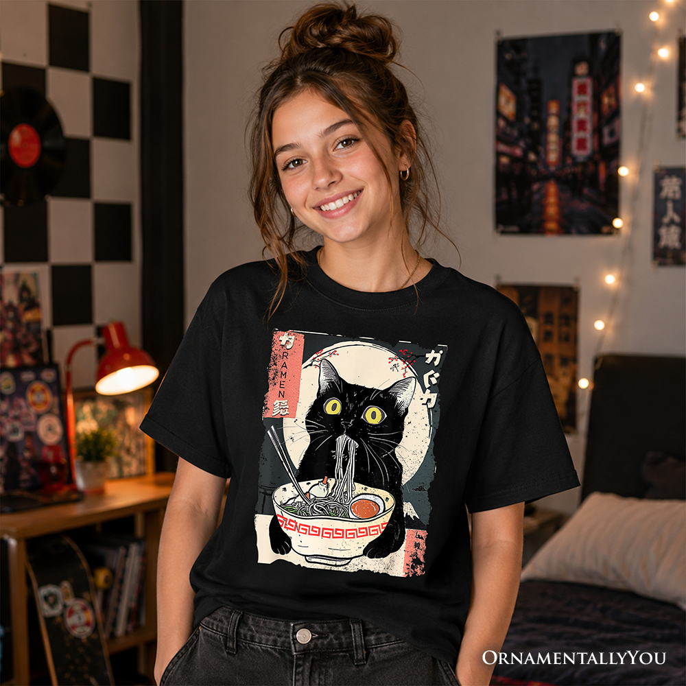 Kawaii Anime Cat Eating Ramen T-Shirt, Japanese Style Graphic Tee