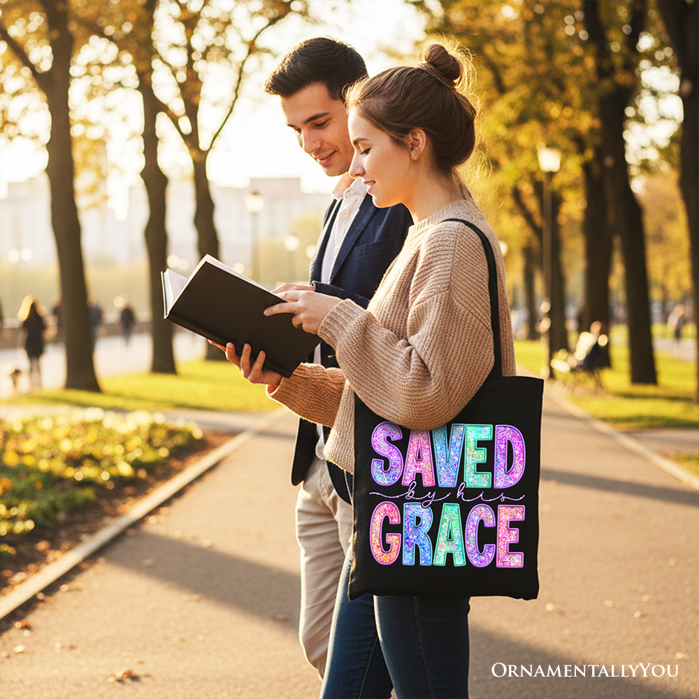Saved By His Grace Faux Sequin Christian Tote Bag - Religious Gift
