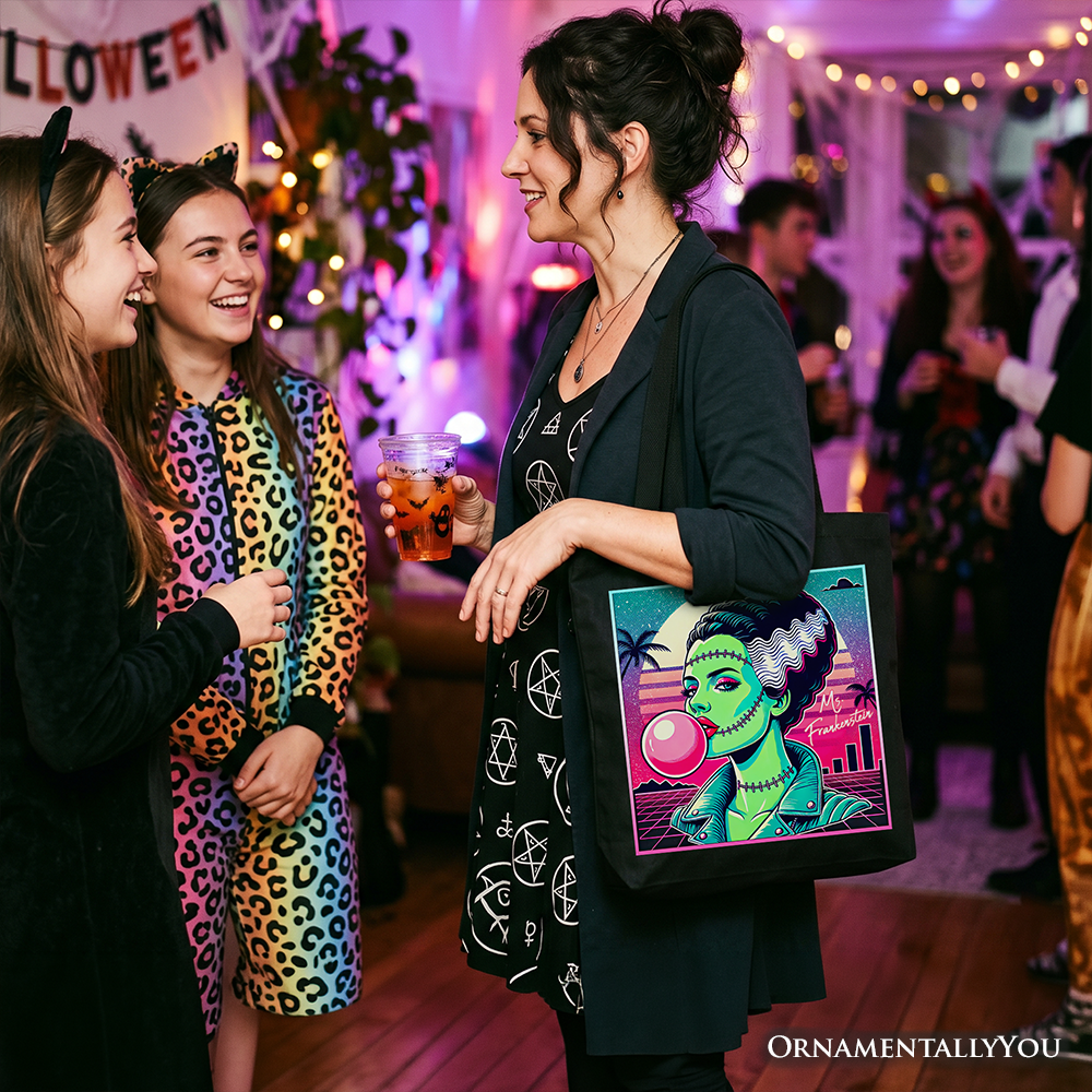Mrs Frankenstein Neon Horror Tote Bag, 80s Synthwave Halloween Gift