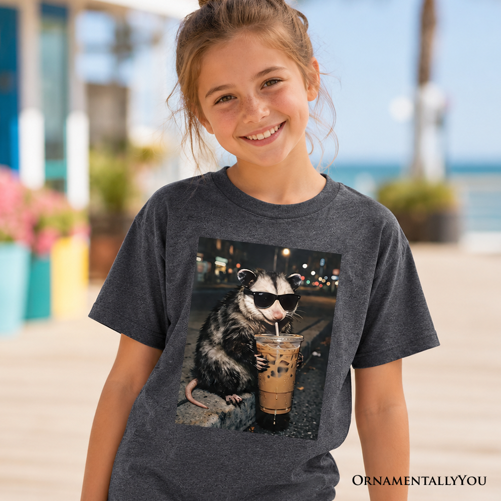 Funny Iced Coffee Opossum Meme Graphic T-Shirt for Kids