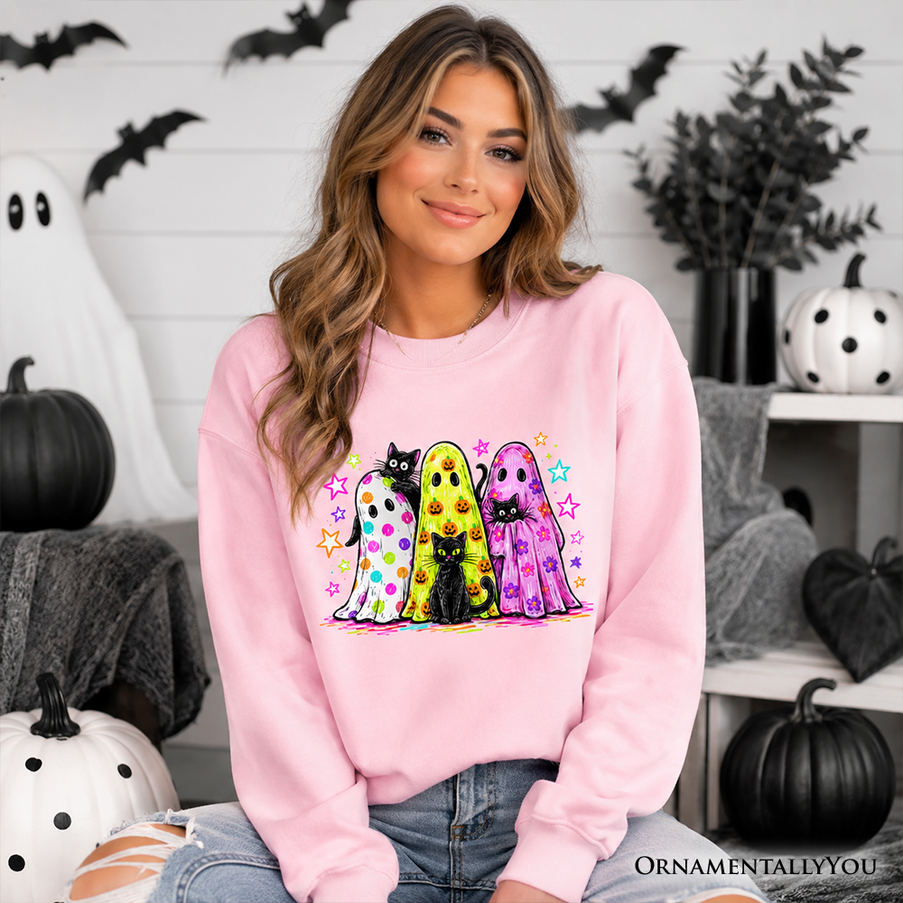 Colorful Ghosts and Black Cats Sweatshirt, Neon Halloween Spooky Season Sweater