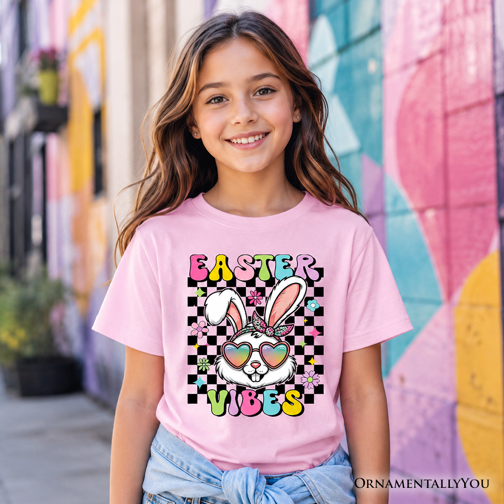 Retro Easter Bunny Sunglasses T-Shirt Groovy Checkered Youth Tee
