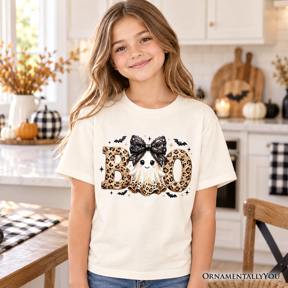 Boo Ghost Leopard Kids T-Shirt, Coquette Bow Halloween Tee for Youth Girls