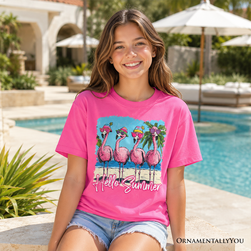 Hello Summer Flamingo T-Shirt for Kids, Tropical Beach Graphic Tee