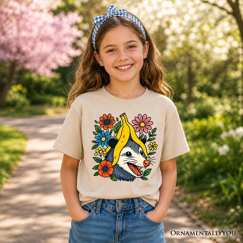 Banana Possum Floral Graphic T-Shirt for Kids - Whimsical Animal Tee