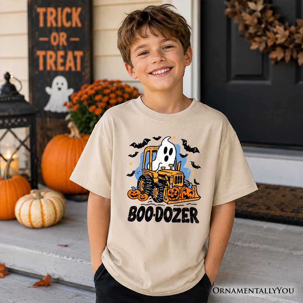 Boo Dozer Kids T-Shirt, Funny Halloween Construction Vehicle Tee for Youth Boys