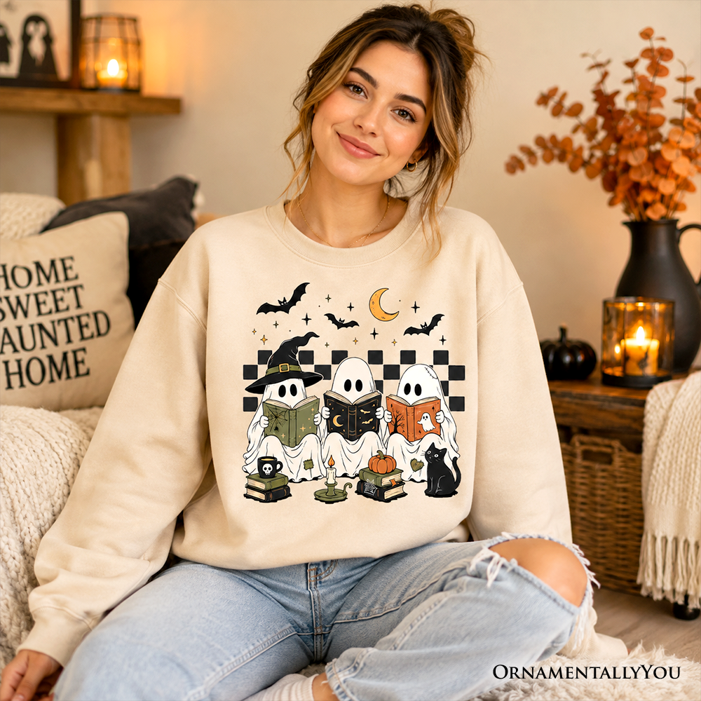 Bookish Ghosts Reading Sweatshirt, Checkered Halloween Witch Cat Sweater