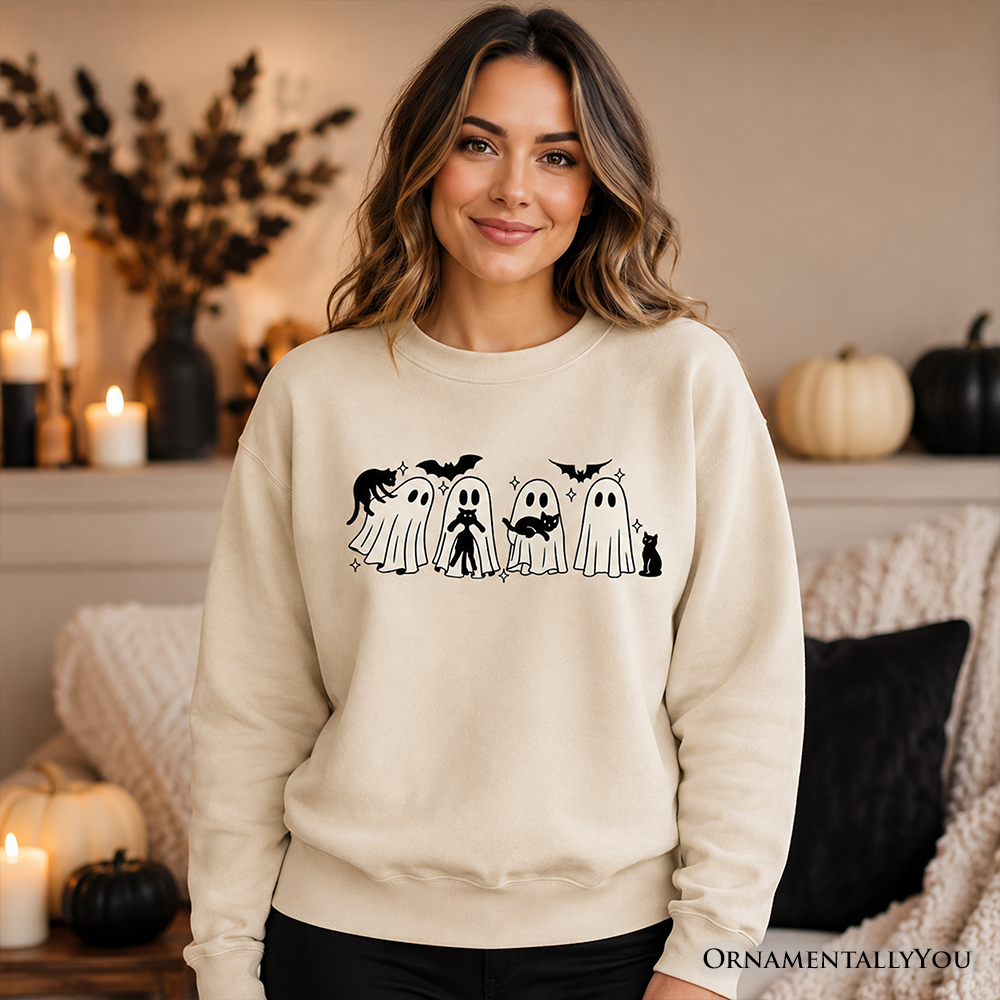 Ghosts and Cats Spooky Sweatshirt, Whimsical Halloween Sweater for Cozy Autumn Season