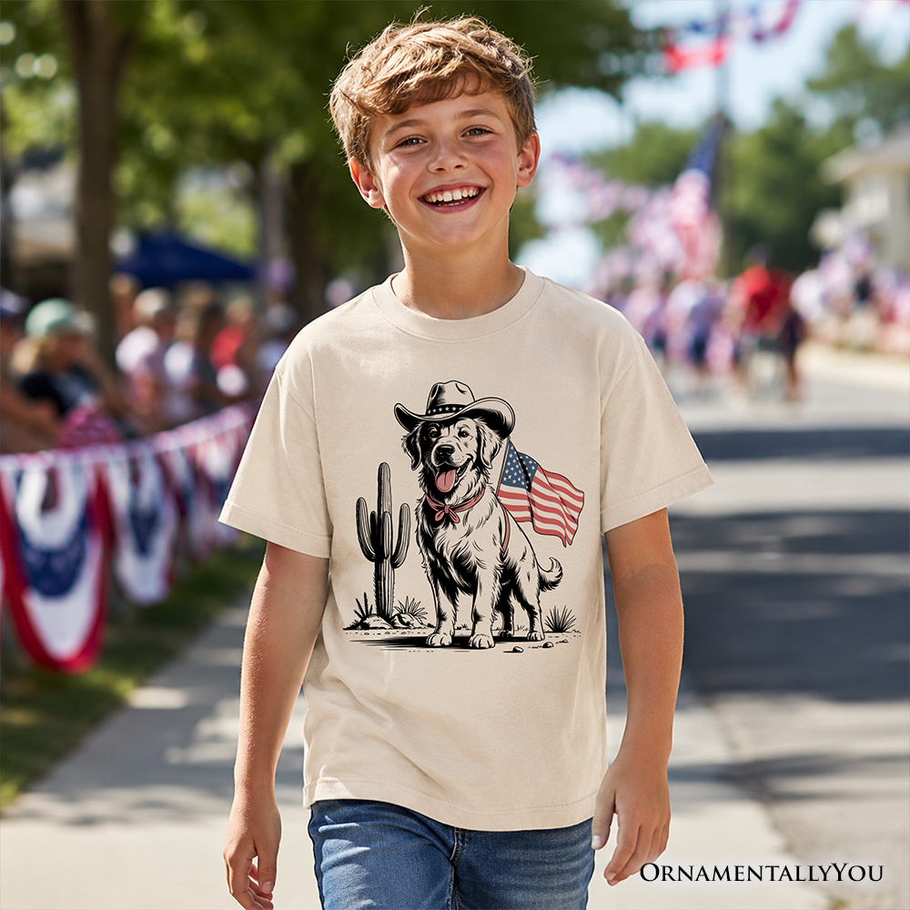 Kids American Cowboy Dog T-Shirt, Western Youth 4th of July Tee