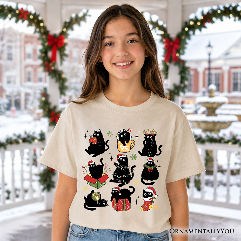 Kids Black Christmas Cat T-Shirt, Whimsical Santa Hat Tee