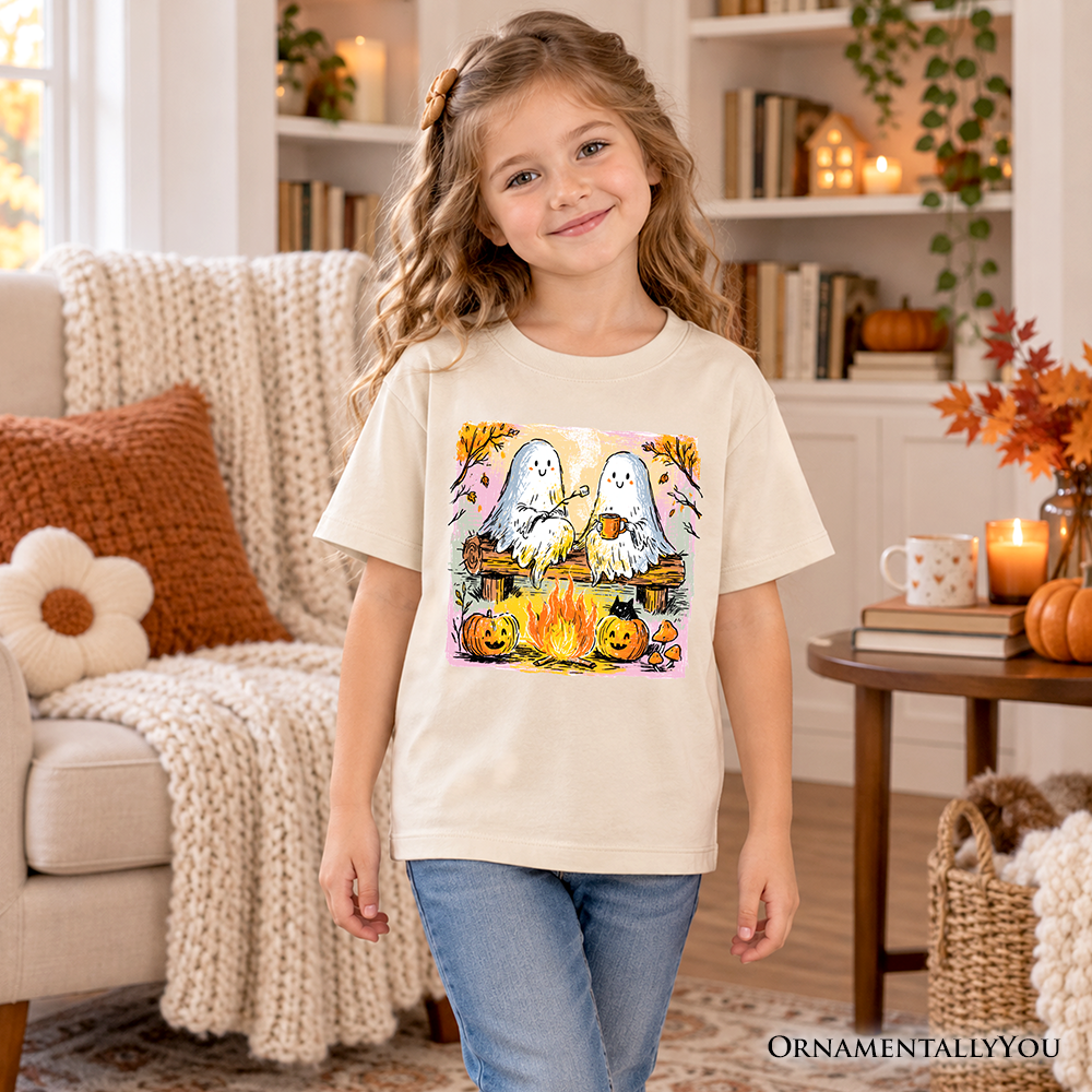 Kids Cozy Campfire Ghosts T-Shirt, Fall Halloween Pumpkin Youth Tee