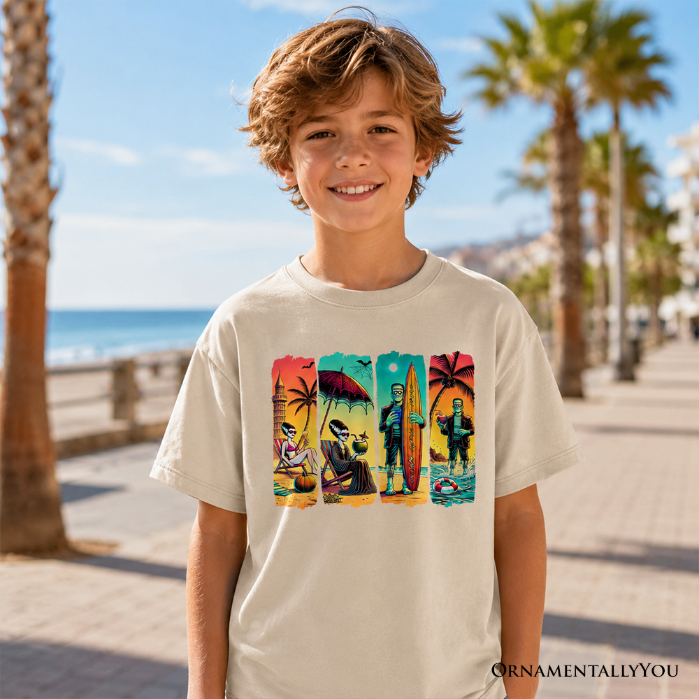 Kids Frankenstein Beach Vacation T-Shirt Retro Neon Surf Tee