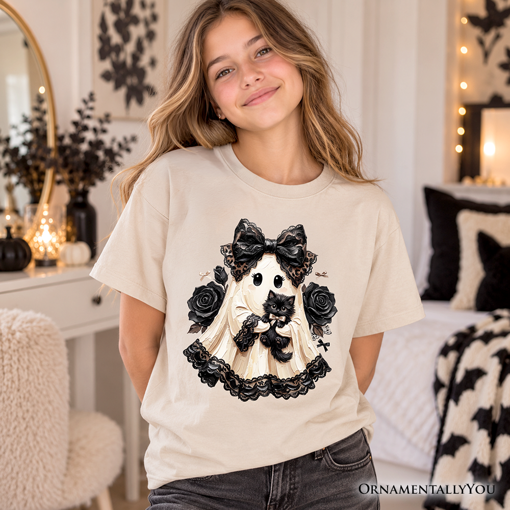 Kids Gothic Ghost with Black Cat T-Shirt, Black Rose Coquette Halloween Youth Tee