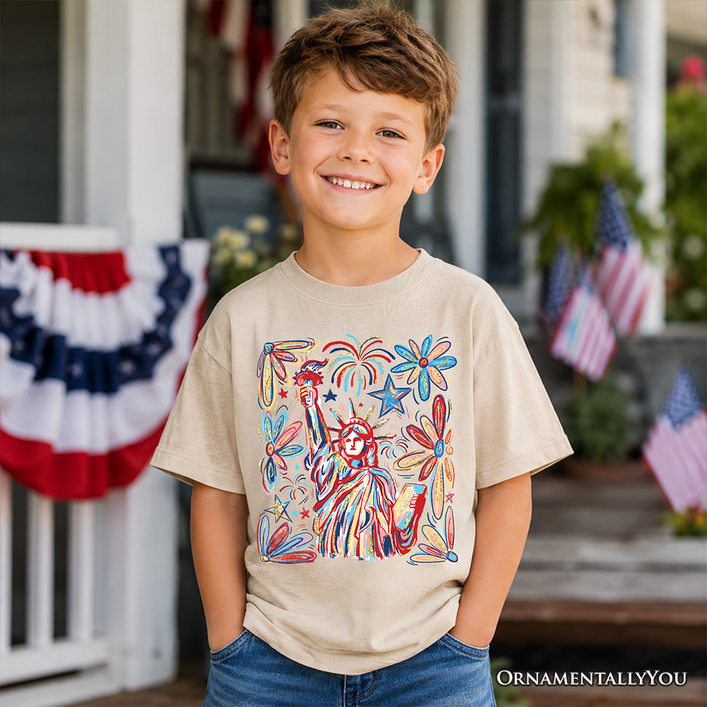 Kids Patriotic Statue of Liberty Fireworks 4th of July T-Shirt