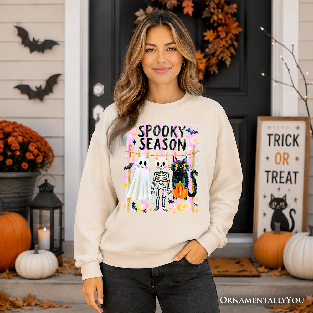 Spooky Season Ghost Skeleton Cat Sweatshirt, Colorful Halloween Costume Sweater
