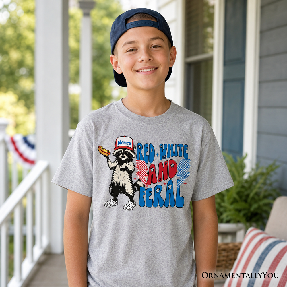 Kids Red, White & Feral Raccoon Graphic Tee Patriotic Youth Shirt