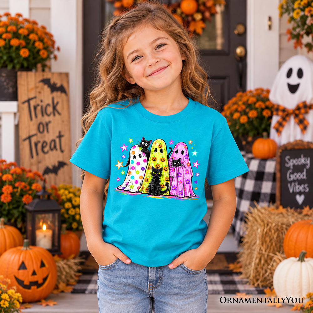 Kids Colorful Ghosts and Black Cats T-Shirt, Neon Halloween Spooky Season Youth Tee