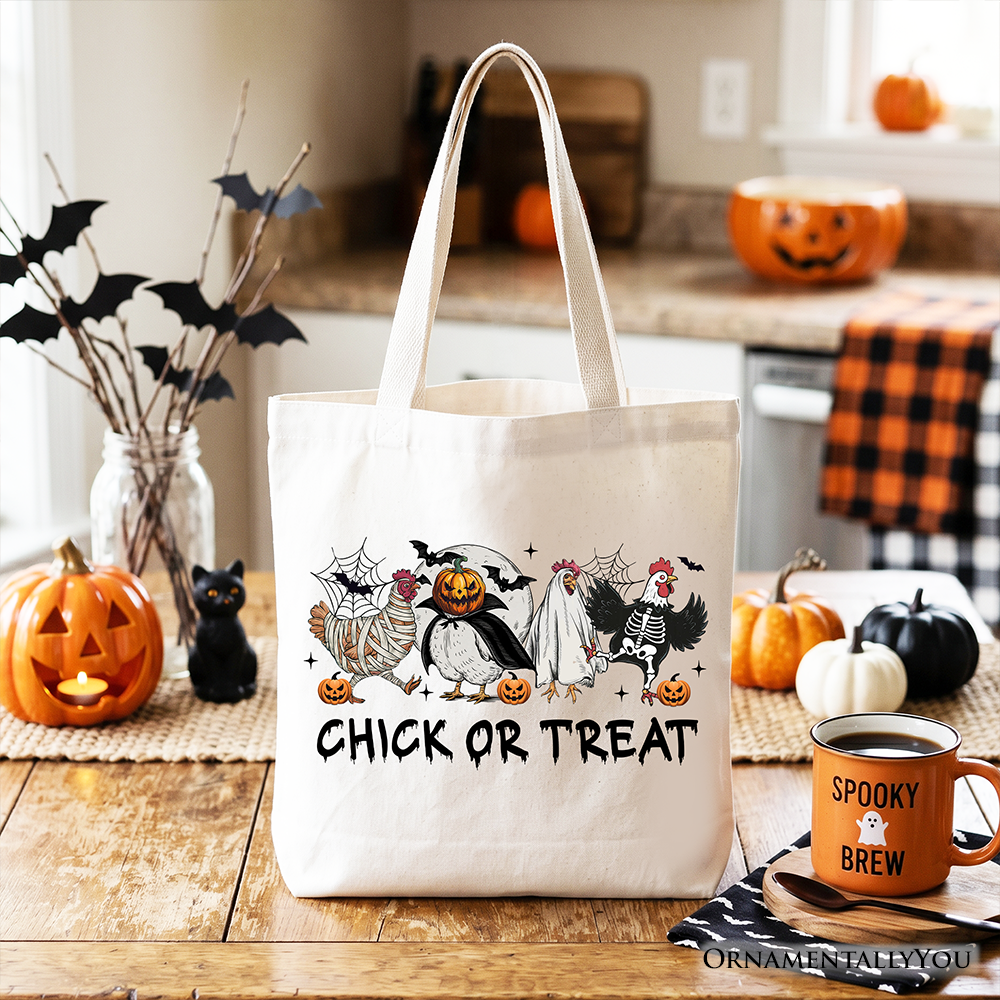 Chick or Treat Halloween Canvas Tote Bag - Whimsical Chicken Print
