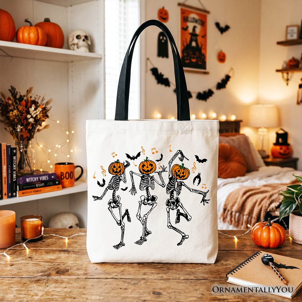 Dancing Skeletons Pumpkin Tote Bag, Halloween Graphic Shopper