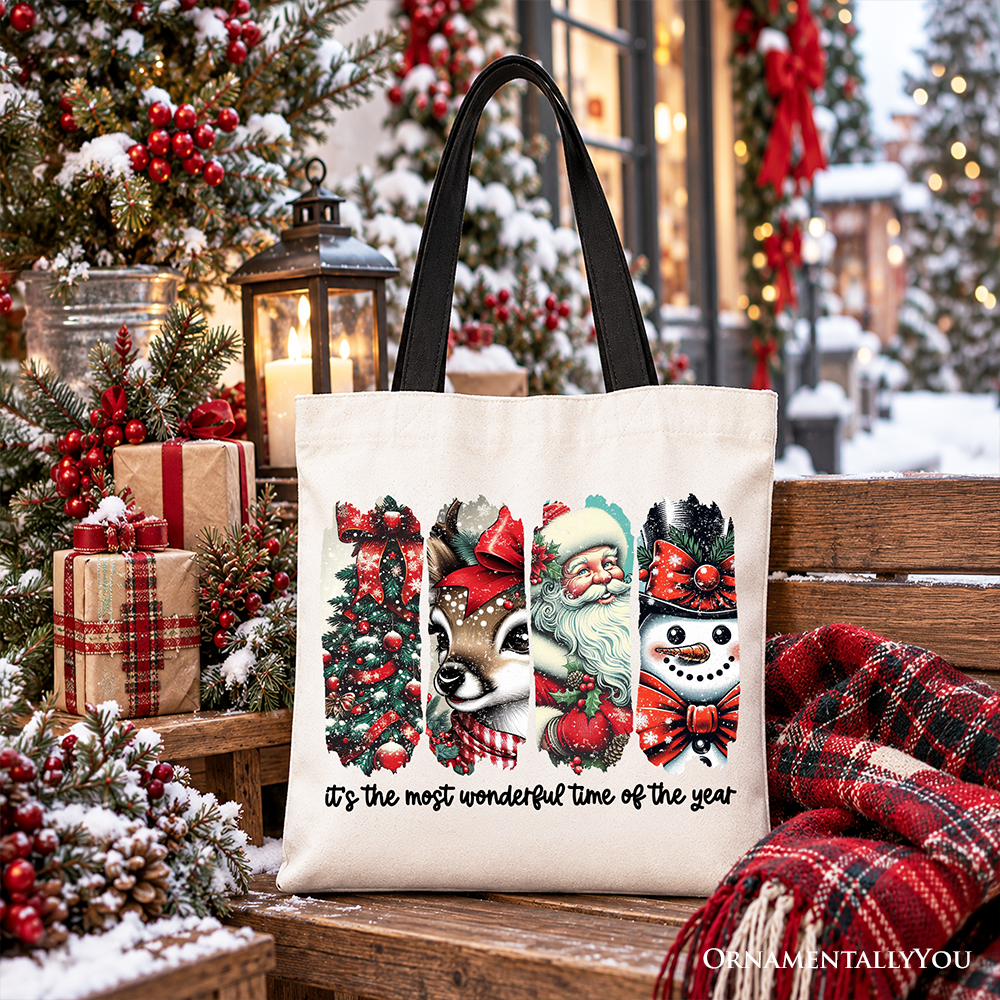 It's Most Wonderful Time Of The Year Tote Bag, Reindeer, Santa, Snowman Vintage Gift Shopper for Christmas