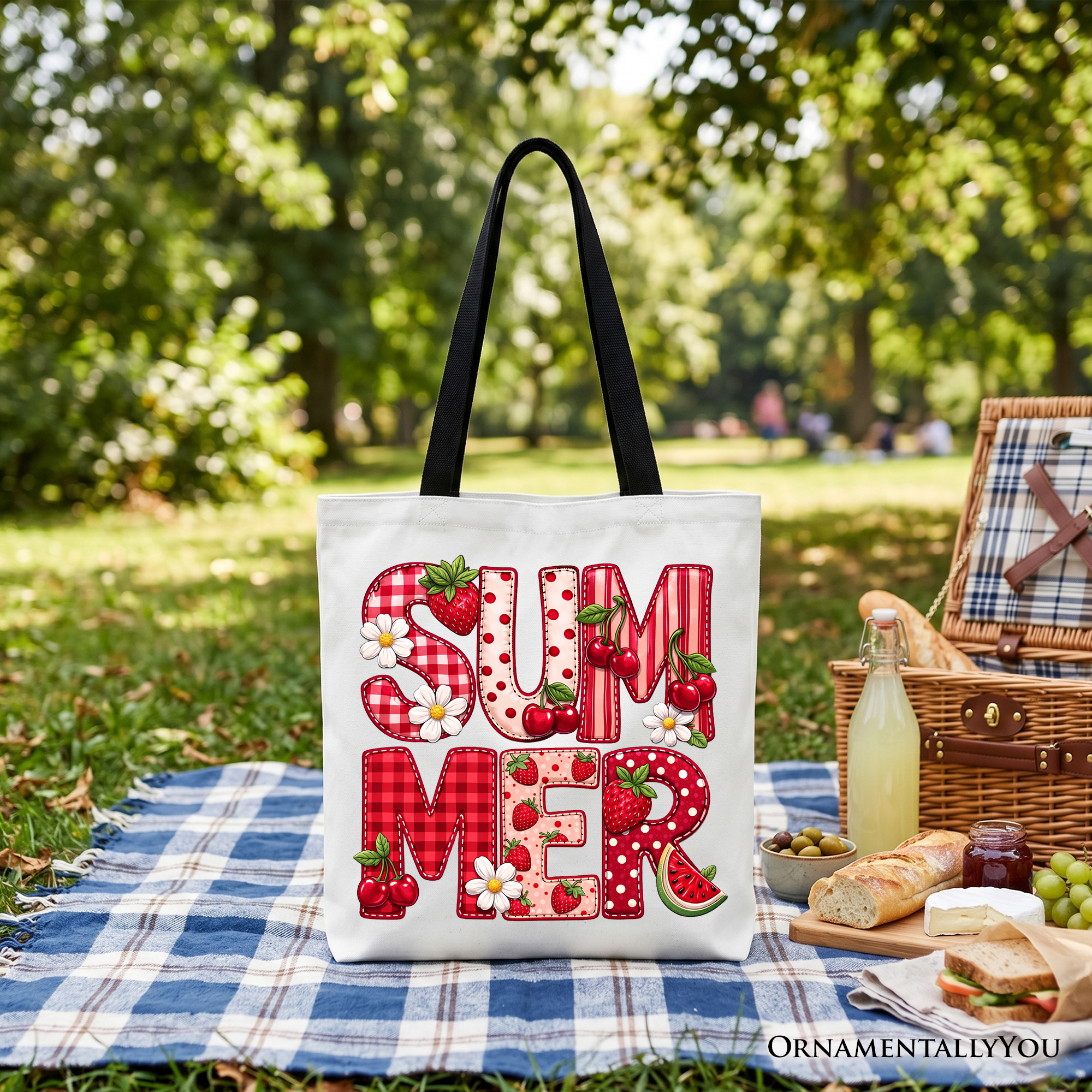 Strawberry Cherry Patchwork Tote Bag – Cute Fruit Summer Shopper