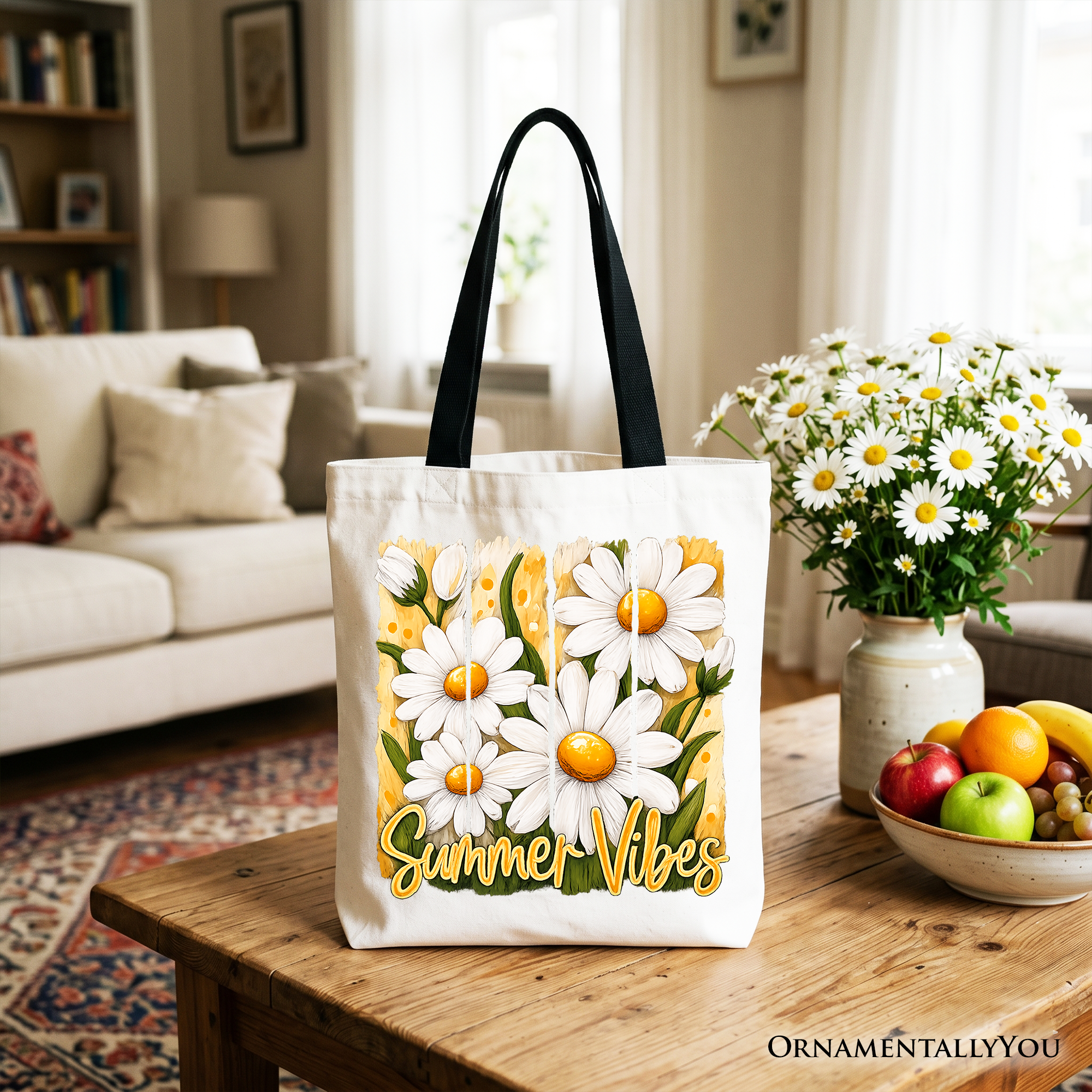 Daisy Brushstroke Floral Tote Bag – Aesthetic Summer Picnic Shopper
