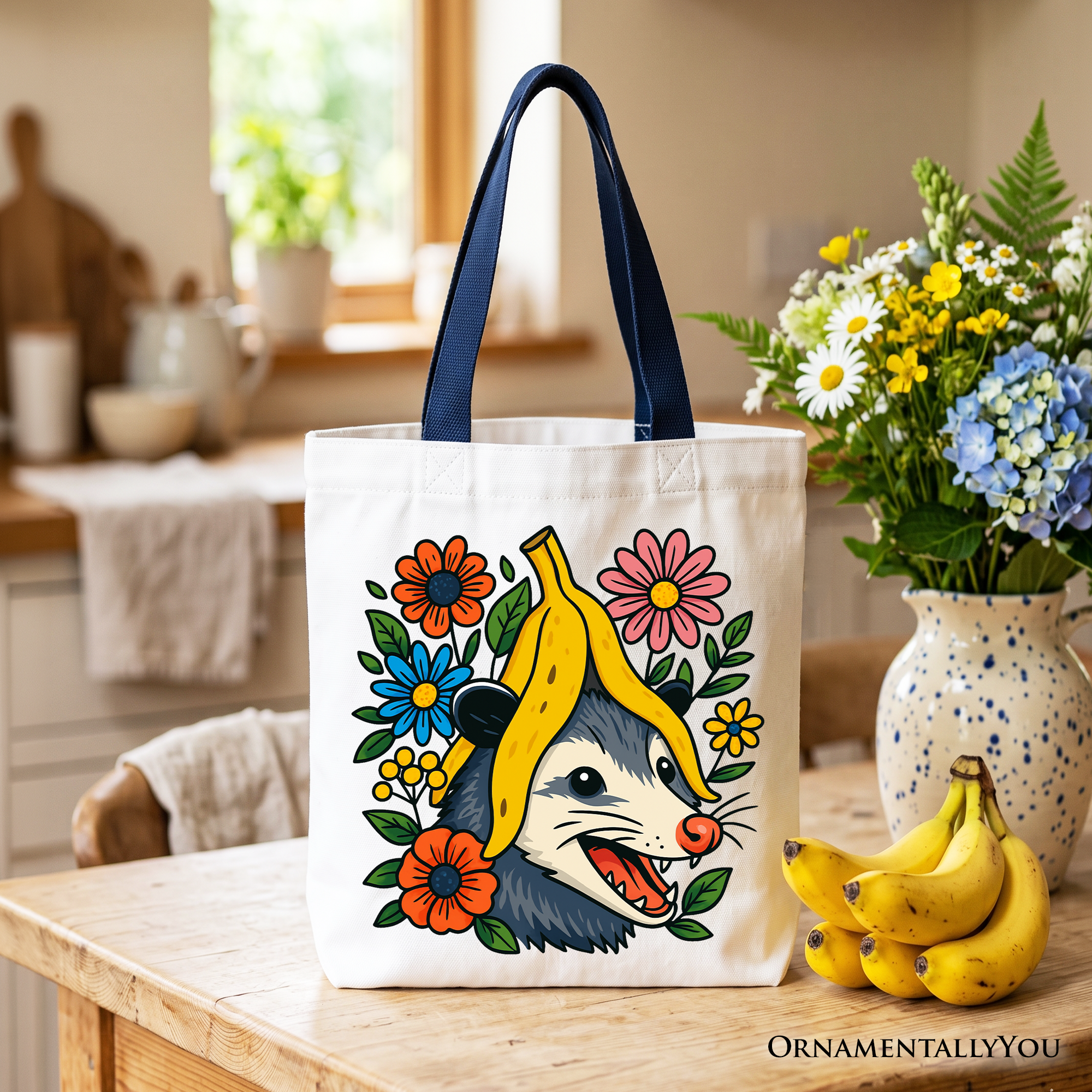 Banana Possum Floral Tote Bag – Quirky Graphic Animal Shopper