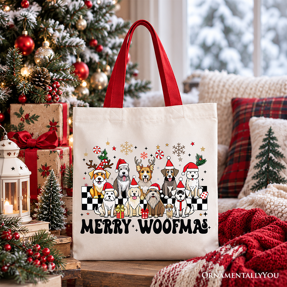 Merry Woofmas Dog Mama Tote Bag, Dogs With Santa Hats Christmas Gift Shopper