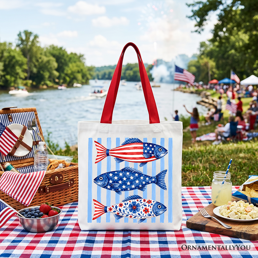 Patriotic Fish Striped Tote Bag - 4th of July Beach Shopper