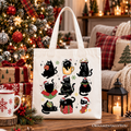 Christmas Black Cats Tote Bag, Whimsical Cats with Santa Hat Gift Shopper