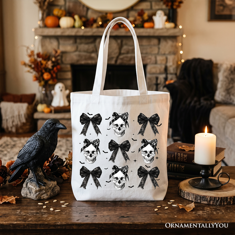 Coquette Skulls and Bows Tote Bag, Gothic Aesthetic Canvas Shopper