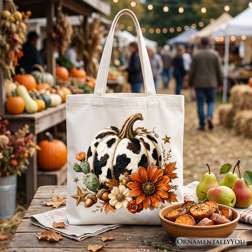 Cow Pumpkin Floral Tote Bag, Western Autumn Harvest Gift Shopper