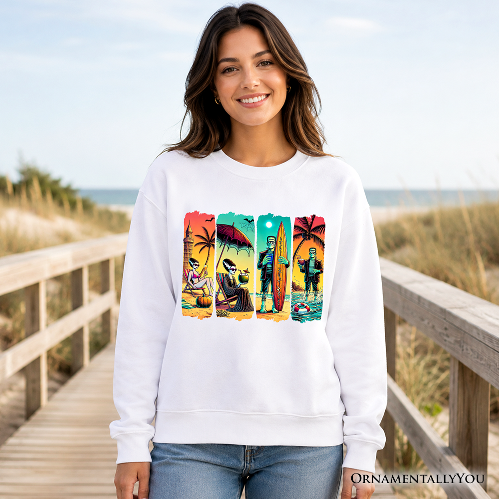 Frankenstein's Beach Vacation Sweatshirt, Retro Neon Surf Style Sweater for Horror Fans with Summer Vibes