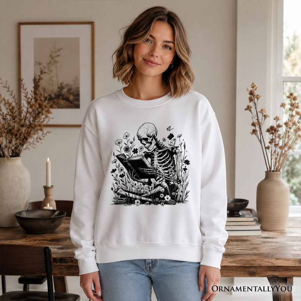 Gothic Reading Skeleton Sweatshirt, Floral Halloween Sweater for Spooky Bookworms
