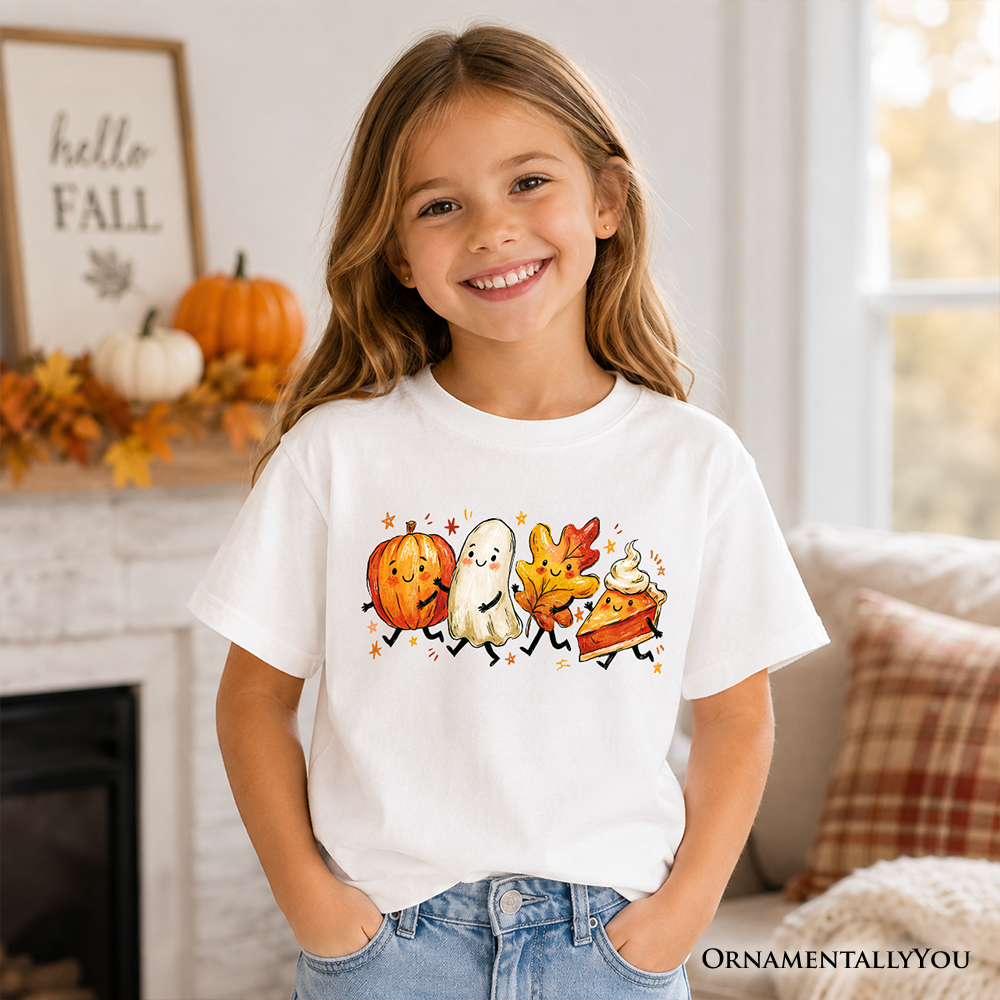Kids Cute Fall Characters T-Shirt, Pumpkin Ghost Leaf Pie Autumn Youth Tee