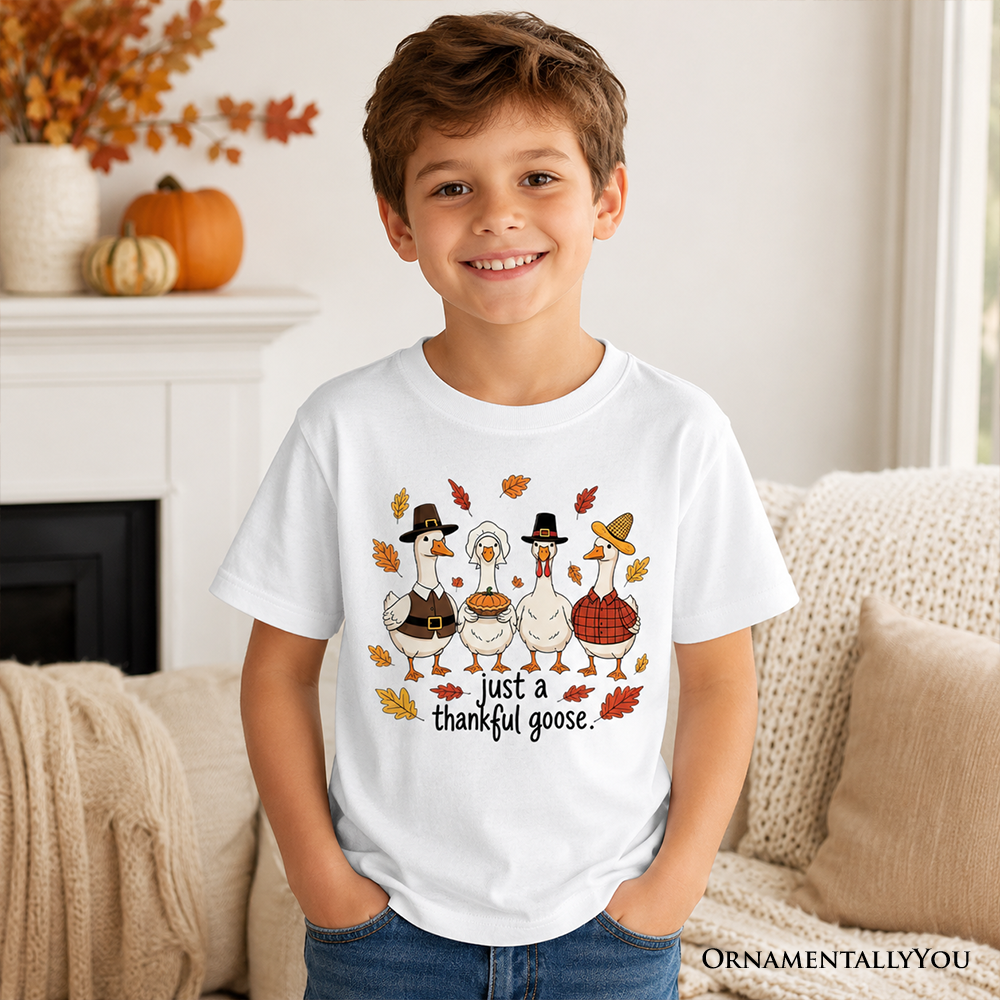 Kids Just a Thankful Goose T-Shirt, Funny Thanksgiving Family Turkey Day Youth Tee