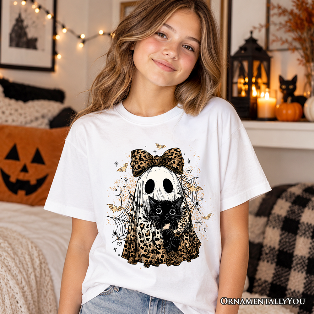 Kids Leopard Bow Ghost with Black Cat T-Shirt, Spooky Halloween Spider Web Youth Tee
