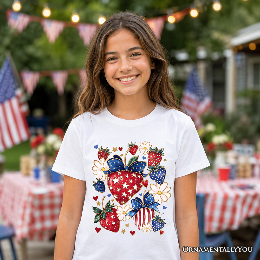 Kids Patriotic Boho Strawberries Bouquet T-Shirt 4th of July Tee