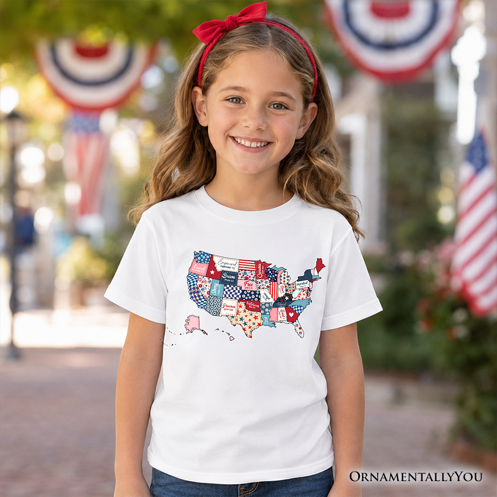 Kids Patriotic USA Map Patchwork T-Shirt Quilted Design Youth Tee